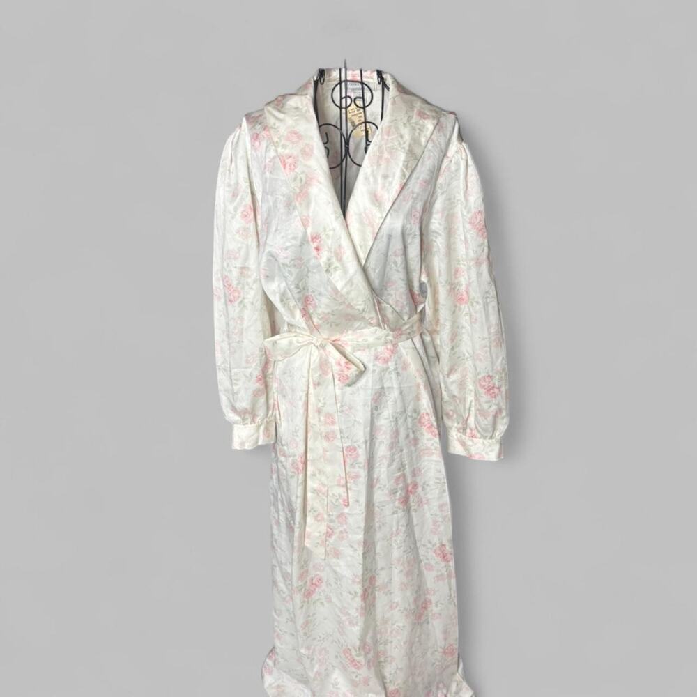 Vintage Chance Encounters Pink Floral Satin Maxi Robe Wrap Size M 80s 90s